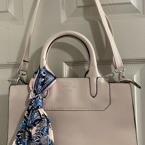 London Fog Blush Crossbody Satchel with Blue Patterned Scarf